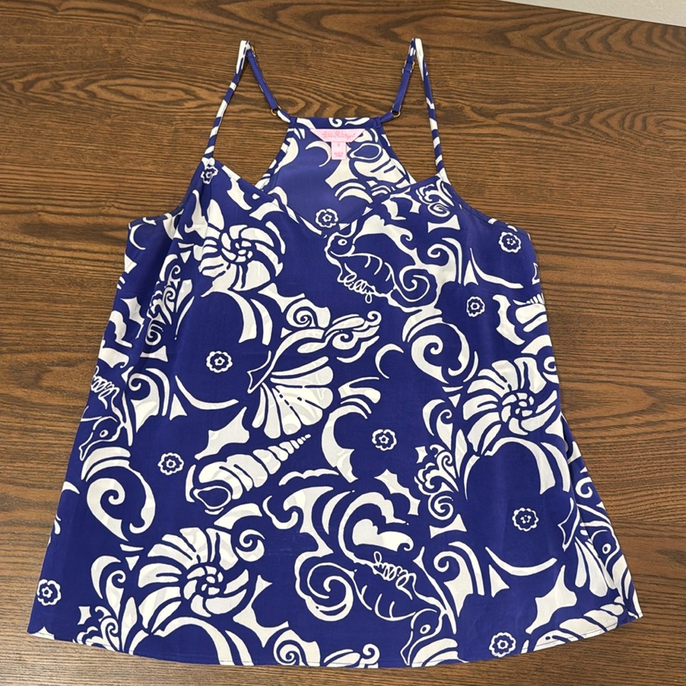 EUC Lilly Pulitzer Dusk Blue and White Silk Tank Top, Size Small
